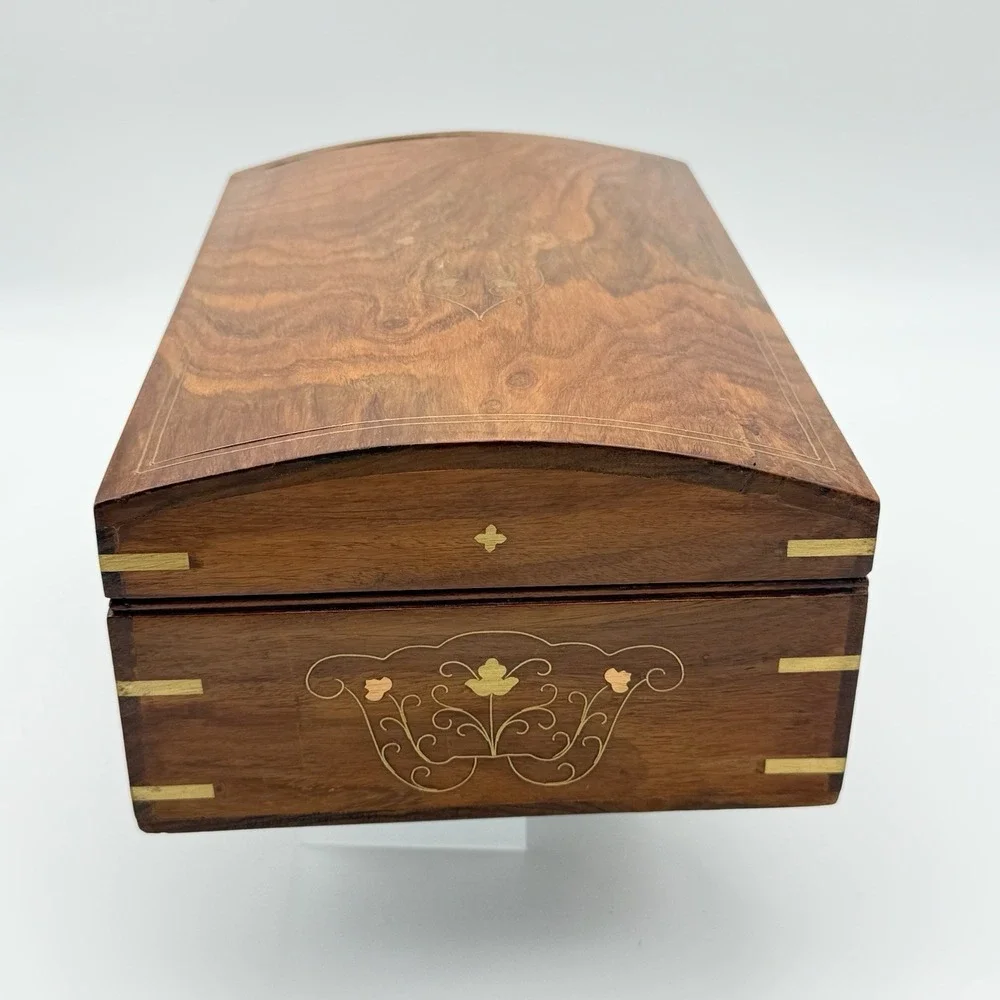 Vintage Wood Jewelry Keepsake Box Brass Inlay Locking - 2 Keys Felt Lined, 12x8